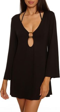 BECCA by Rebecca Virtue Beach to BBQ Long Sleeve Cover-Up Tunic in Black at Nordstrom, Size Large