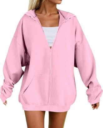 Generic Hoodies For Women UK Winter Jackets Oversized Hoodie Zip Up Longline Sweatshirts Casual Loose Long Sleeve Crewneck Pullover Comfy Fall Cloth Fashion L