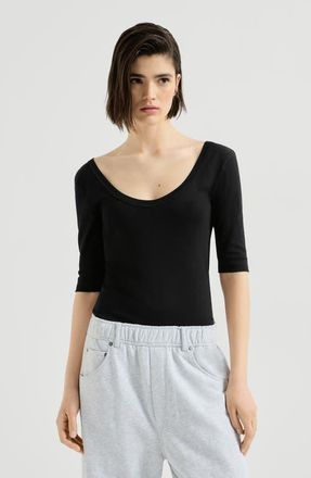 Brunello Cucinelli Stretch cotton ribbed jersey T-shirt with monili in Black at Nordstrom, Size Xx-Large