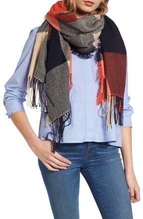 Madewell Checkmate Fringe Scarf in Impact Orange at Nordstrom