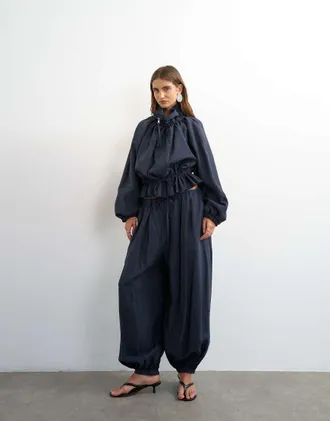 Topshop Giacca blu navy con collo a imbuto e cintura in coordinato