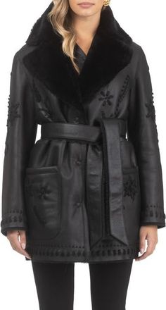 Gorski Genuine Shearling Short Jacket with Embroidery, Belt in Black/black at Nordstrom, Size X-Large