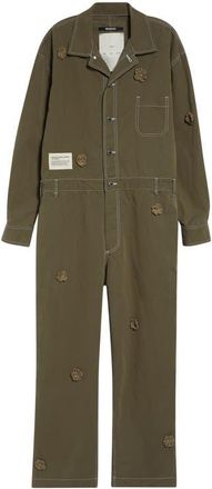 Song for the Mute x Birkenstock The Gardener Crochet Flower Long Sleeve Drill Jumpsuit in Army Green at Nordstrom, Size X-Large