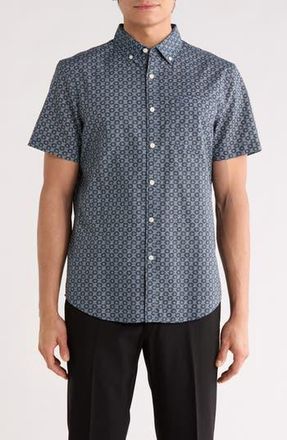 Original Penguin Geometric Print Short Sleeve Chambray Button-Up Shirt in Dark Sapphire at Nordstrom Rack, Size Xx-Large