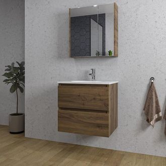 Saniclass Chaci Badkamermeubelset - 60x46x55cm - keramische wastafel wit - 1 ovale wasbak - 1 kraangat - 2 lades - spiegelkast - noten (hout)