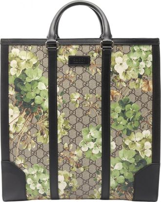 Gucci Beige Black Green Coated Canvas Leather Tote Bag (Pre-Owned)