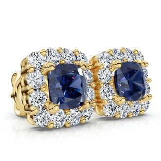 Pompeii3 1 1/2Ct Blue Sapphire & Diamond Cushion Halo Studs 14k Gold Earrings Lab Grown