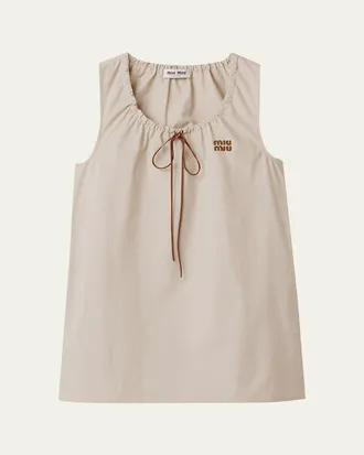 Miu Miu Drawstring Sleeveless Panama Cotton Mini Dress