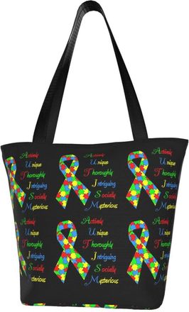 AOOEDM Autism Awareness Month Reusable Tote Bag Women Casual Handbag Shoulder Bags for Shopping Groceries Travel Outdoors