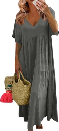 Generic Linen Maxi Dress for Women Summer Cotton Linen V-Neck Short Sleeve Baggy Outfits Oversized Boho Vacation Dresses