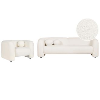 Beliani Conjunto De Sala De Estar 4 Plazas Sof&aacute; Y Sill&oacute;n Moderno Con Cojines Extra De Boucl&eacute; Blanco Leiren