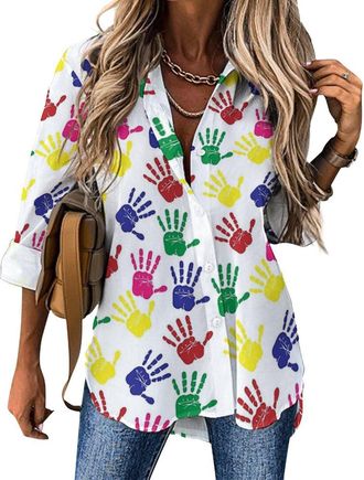 Generic Colorful Hand Print Womens Blouses Shirts V Neck Long Sleeve Hawaiian Shirt Irregular Hem Loose Top L