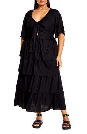 City Chic Maya Tie Front Tiered Midi Dress in Black at Nordstrom, Size Xxs