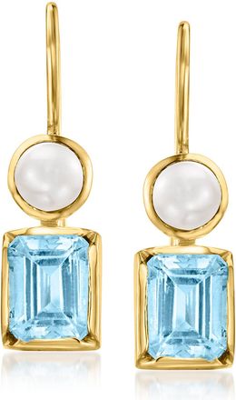 Ross-Simons 5mm Cultured Pearl and Sky Blue Topaz Drop Earrings in 18kt Gold Over Sterling