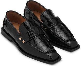 Ganni Croc Embossed Square Toe Loafer in Black at Nordstrom, Size 12Us