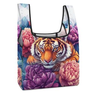 Generic Tiger Peony Flowers Shopping Bag Reusable Grocery Tote Bag Foldable Handbag for Travel Picnic