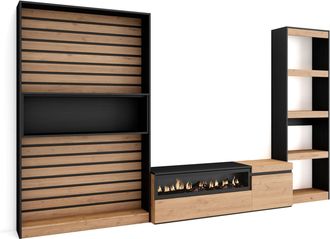 Skraut Home Muebles De Sal&oacute;n Para Tv, Conjunto De Muebles Comedor, 320x186x35cm, Chimenea El&eacute;ctrica, Estilo Moderno, Roble Y Negro - Skraut Home