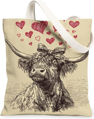 Generic Vintage Rustic Canvas Tote Bags, Highland Cow Design Reusable Shopping Bags, Lightweight Washable Shoulder Strap Tote for E, Beige, 13x15 Inch