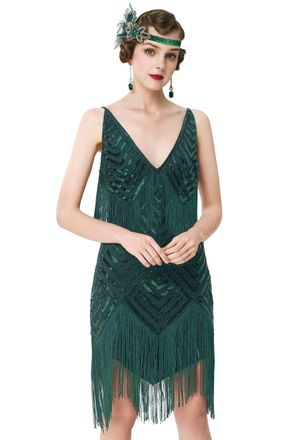 Babeyond Womens 1920s Flapper Dress V Neck Slip Dress Roaring 20s Great Gatsby Dress for Party - Green - Large