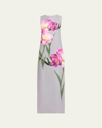 Teri Jon Sleeveless Floral-Print Scuba Column Gown
