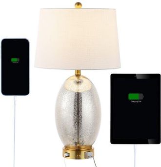 Jonathan Y Designs Reese 26.5 1-Outlet Contemporary Style Iron/Glass LED Table Lamp with USB Charging Port in Silver/brass Gold at Nordstrom