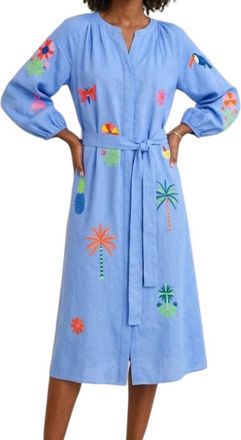 Vilagallo Tropical Embroidery Midi Dress In Lino Azul