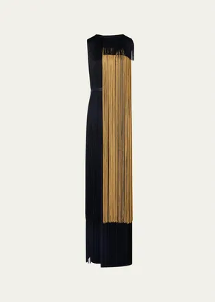 Akris Colorblock Oro Lienzo Fringe Column Gown