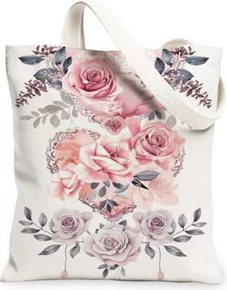 Generic Floral Canvas Tote Bags, Heart Rose Pattern Reusable Shopping Bags, Vintage Romantic Lightweight Washable Shoulder Strap Ca, White, 13x15 Inch