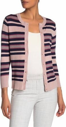 Halogen Striped Crew Neck Knit Cardigan In Pink, Navy