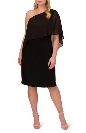 Adrianna Papell Chiffon & Jersey One-Shoulder Cocktail Dress in Black at Nordstrom, Size 16 W