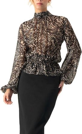 Ivonne High Neck See-Through Paisley Blouse in Black at Nordstrom, Size 14