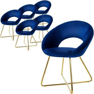 ML Design Ml-design Set 6x Silla De Comedor Azul Ergon&oacute;mica Asiento Tapizado Aspecto Terciopelo Patas De Metal Doradas Con Respaldo Redondo Y Reposabrazos Sill&oacute;