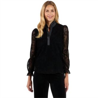 Jude Connally Teri Flocked Lace Scallop Ruffle Neck Top In Black