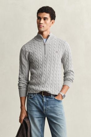 GANT Men Cotton Cable Knit Half-Zip Sweater (XXXL) GREY MELANGE
