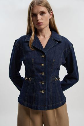 Karen Millen Womens Denim Button Through Nipped Waist Jacket - Indigo Blue Viscose - Size 14 UK