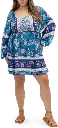 City Chic Rose Print Long Sleeve Minidress in Blue Border at Nordstrom, Size Xs
