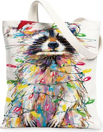 Generic Christmas Raccoon Canvas Tote Bags, Colorful Animal Art Pattern Reusable Grocery Bags, Holiday Lightweight Washable Shoulde, White, 13x15 Inch