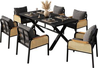 STILVORA Conjunto De Mesa Y Sillas De Jard&iacute;n Con 1 Mesa Y 6 Sillas, Respaldo Transpirable Y Cojines, Para Terraza, Hierro Y Poli&eacute;ster, Negro Y Natural