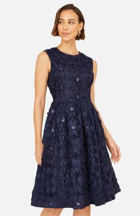 Yumi Sequin Floral Applique Skater Dress in Navy at Nordstrom, Size 12