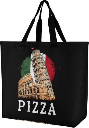 Generic Pizza Pisa Tower Italy Flag Large Reusable Shopping Bag Lightweight Foldable Tote Bags Washable Shoulder Handbag
