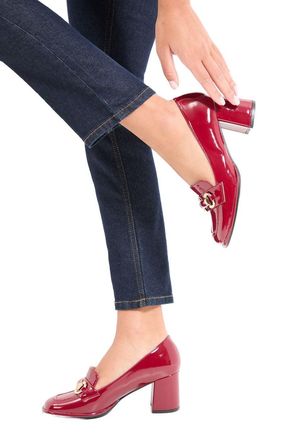 Wallis Lucie Faux Patent Leather Snaffle Detail Mid Block Heel Loafers, 4, Burgundy