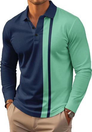 Generic Mens Polo Shirt Long Sleeve Vintage Striped Golf Shirt Lightweight Casual Collared Shirt (UK, Alpha, 4XL, Regular, Regular, 8)