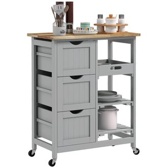 OEM Carrito Auxiliar Con Ruedas Carrito De Cocina Con 3 Cajones 2 Estantes Abiertos Y Bandeja Extra&iacute;ble 67x37x85,5 Cm Gris
