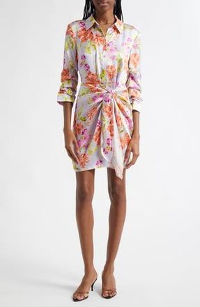 Cinq &agrave; Sept Jacy Ruched Sleeve Tie Waist Satin Shirtdress in Pale Lavender Multi at Nordstrom Rack, Size 00