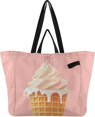 Generic White Ice Cream pattern Reusable Canvas Tote Bag, Heavy Duty Grocery Shopping Bag with Double Handles Hard Bottom Large Capacity Work Groceries Travel