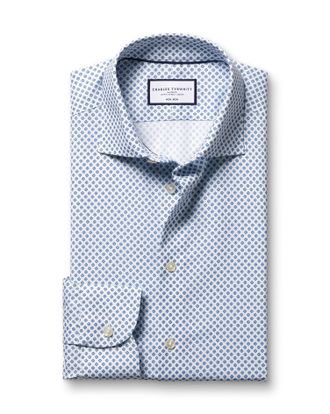 CHARLES TYRWHITT Non-Iron Stretch Diamond Print Cotton Shirt - Denim Blue Single Cuff Size 19/37 by Charles Tyrwhitt
