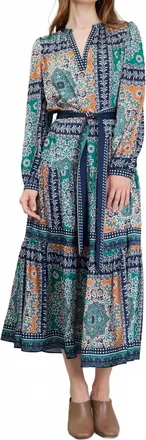 Current Air Print Split Neck Dress And Sash In Green