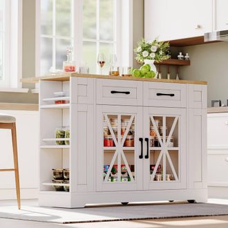 Merax Mobile Kitchen Island Trolley with Foldable Tabletop, Storage Cabinet in White