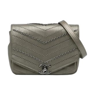 Chanel Pre-owned Mini Embellished Calfskin Chevron Square Envelope Flap Crossbody Bag - Dames - Pre-owned - Grijs - Maat: ONE Size Leer