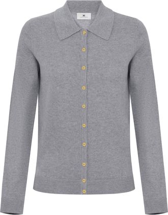 Elisabetta Franchi Button-Up Sweater with Pointed Collar and Ribbed Details